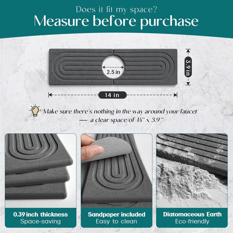 eormoe Diatomite Kitchen Faucet Mat - 14Inch Water Absorbing Stone Tray for Sink, Stone Fast-Drying Faucet Mat for Kitchen Counter Sink Accessories (Dark Grey, 14'' x 3.9'') - Image 2
